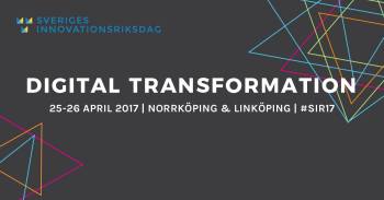 Grå bakgrund med texten DIGITAL TRANSFORMATION i vitt och Innovationsriksdagens logotyp i västra, övre hörnet